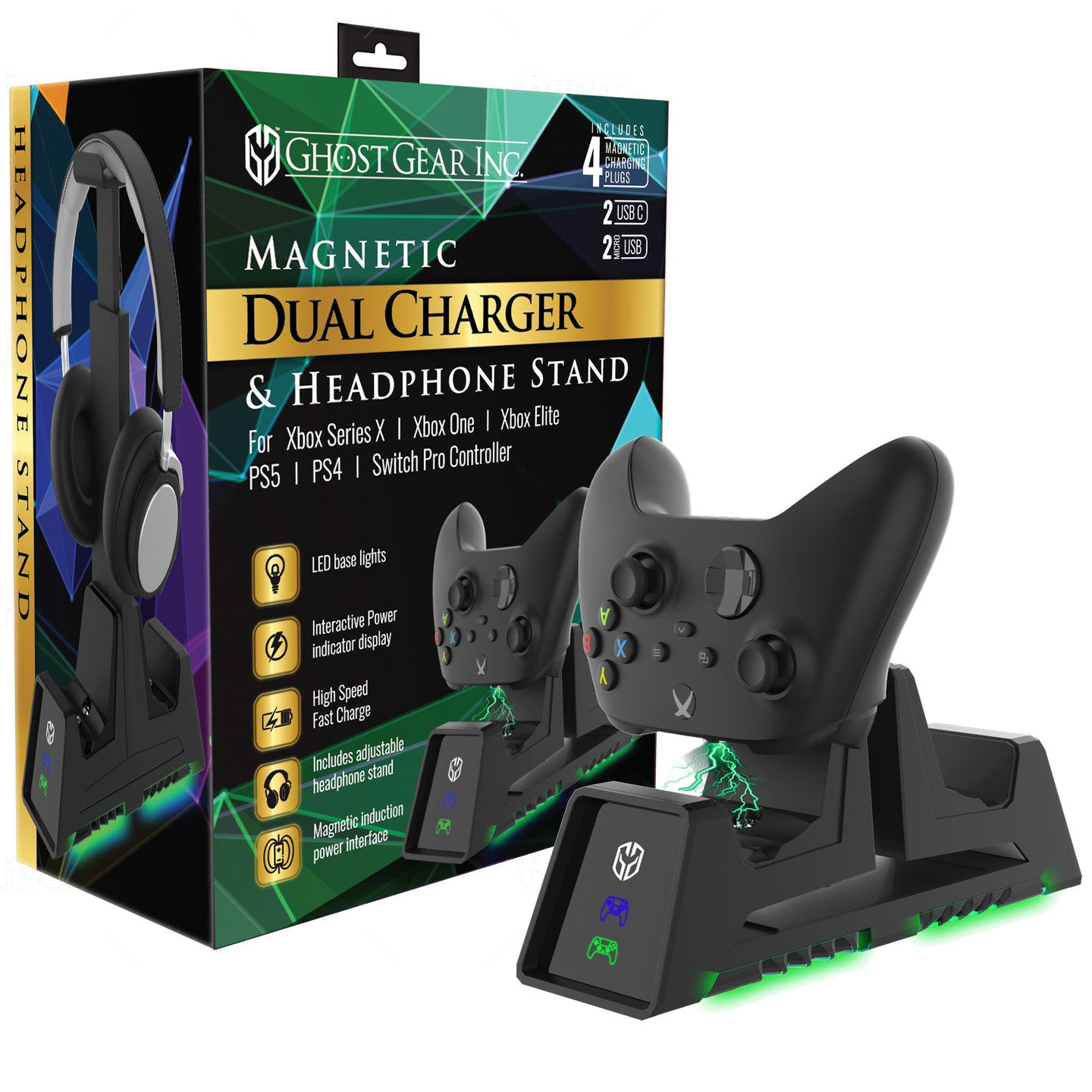 GHOST GEAR™ Xbox Series X Dual Charger and Headphone Stand with Magnetic Induction Technology and Green Gamer Glow LED